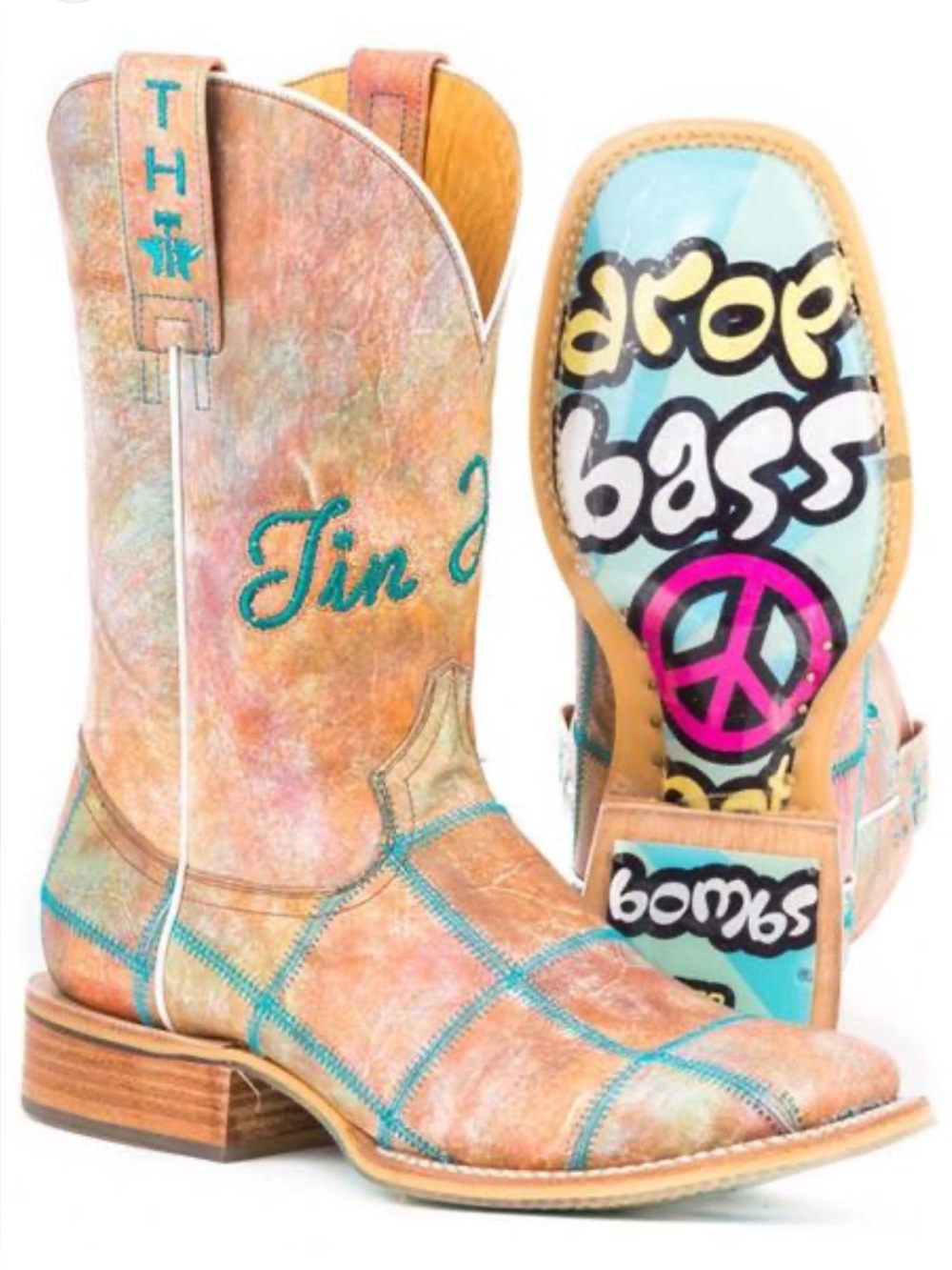 Tin Haul Women's "Hippie Check" Turquoise Tan Patchwork Boots Square Toe Size 7